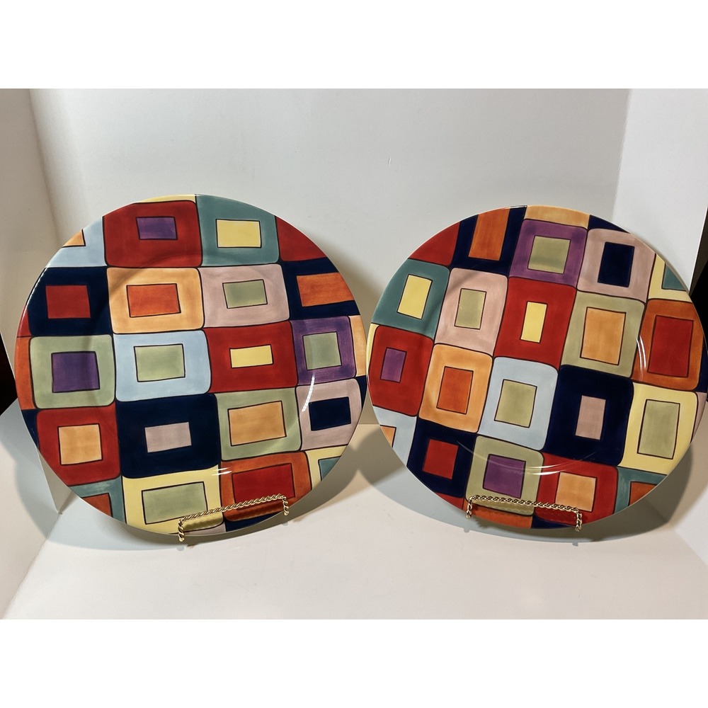 Tabletops Gallery Hendrix Hand Painted‎ Square Plates Set of 2 Colorful